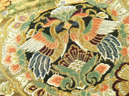 平和屋着物▼六通柄袋帯　唐織　向かい鳥花絵皿文　金糸　正絹　逸品　DABH7025fe