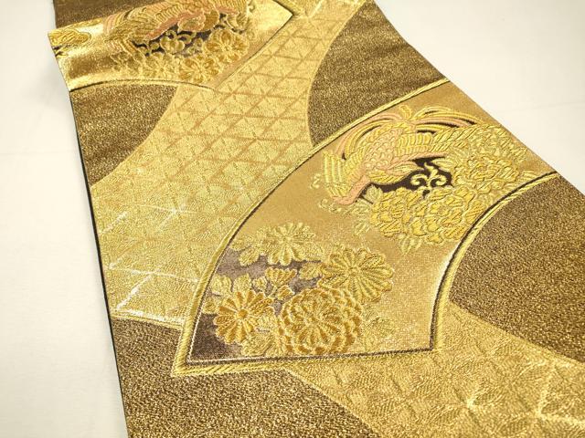 平和屋着物▼西陣　丸勇謹製　六通柄袋帯　地紙花鳥文　金糸　証紙付き　正絹　逸品　DABH7042fe