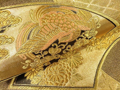 平和屋着物▼西陣　丸勇謹製　六通柄袋帯　地紙花鳥文　金糸　証紙付き　正絹　逸品　DABH7042fe