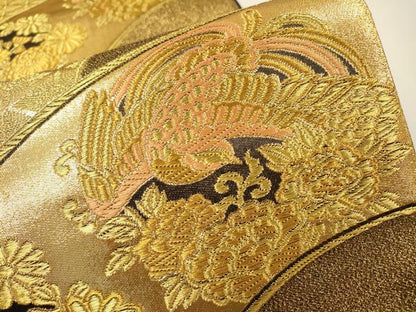 平和屋着物▼西陣　丸勇謹製　六通柄袋帯　地紙花鳥文　金糸　証紙付き　正絹　逸品　DABH7042fe
