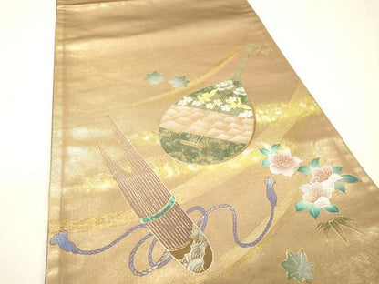 平和屋着物▼太鼓柄袋帯　螺鈿　作家物　楽器花文　金彩　正絹　逸品　DABH7049fe