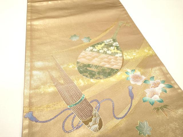 平和屋着物▼太鼓柄袋帯　螺鈿　作家物　楽器花文　金彩　正絹　逸品　DABH7049fe