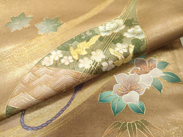 平和屋着物▼太鼓柄袋帯　螺鈿　作家物　楽器花文　金彩　正絹　逸品　DABH7049fe