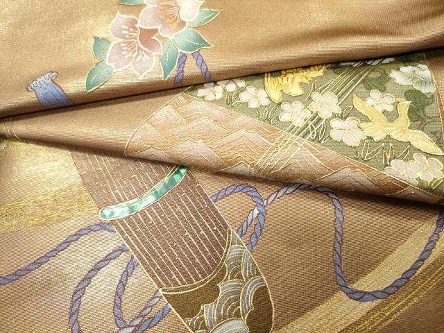 平和屋着物▼太鼓柄袋帯　螺鈿　作家物　楽器花文　金彩　正絹　逸品　DABH7049fe