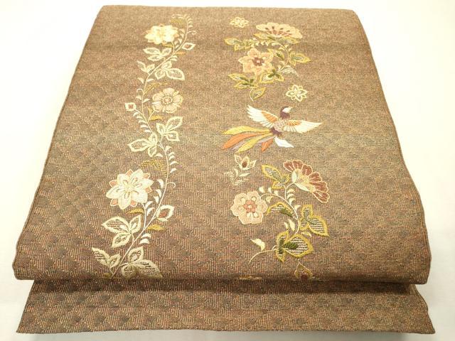 平和屋着物▼八寸名古屋帯　駒刺繍　総刺繍　花鳥文　金糸　正絹　逸品　DABH7065fe
