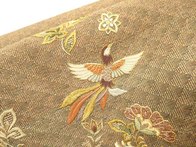 平和屋着物▼八寸名古屋帯　駒刺繍　総刺繍　花鳥文　金糸　正絹　逸品　DABH7065fe