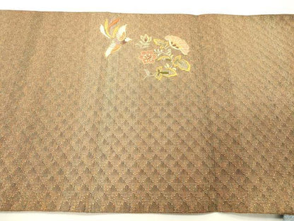平和屋着物▼八寸名古屋帯　駒刺繍　総刺繍　花鳥文　金糸　正絹　逸品　DABH7065fe