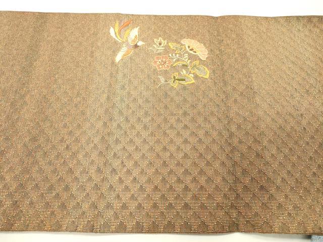 平和屋着物▼八寸名古屋帯　駒刺繍　総刺繍　花鳥文　金糸　正絹　逸品　DABH7065fe