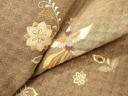 平和屋着物▼八寸名古屋帯　駒刺繍　総刺繍　花鳥文　金糸　正絹　逸品　DABH7065fe
