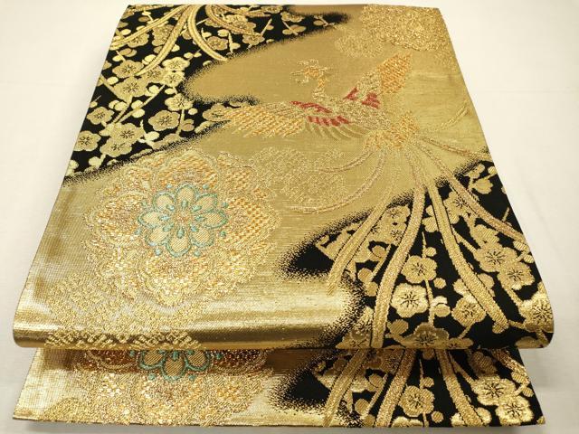 平和屋着物▼六通柄袋帯　正倉院鳳凰花文　黒地　金糸　正絹　逸品　DABH7066fe