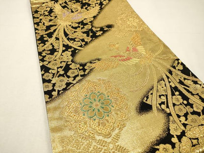 平和屋着物▼六通柄袋帯　正倉院鳳凰花文　黒地　金糸　正絹　逸品　DABH7066fe