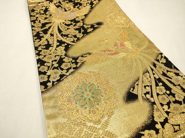 平和屋着物▼六通柄袋帯　正倉院鳳凰花文　黒地　金糸　正絹　逸品　DABH7066fe