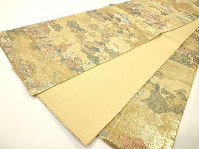 平和屋着物▼全通柄袋帯　人物風景文　金糸　正絹　逸品　DABH7082fe