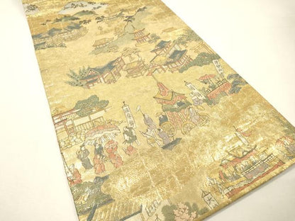 平和屋着物▼全通柄袋帯　人物風景文　金糸　正絹　逸品　DABH7082fe