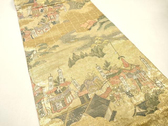 平和屋着物▼全通柄袋帯　人物風景文　金糸　正絹　逸品　DABH7082fe