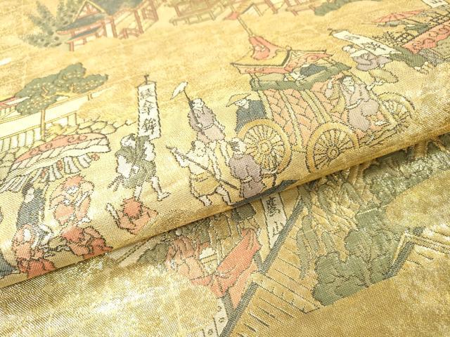 平和屋着物▼全通柄袋帯　人物風景文　金糸　正絹　逸品　DABH7082fe