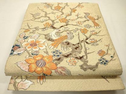 平和屋着物▼六通柄袋帯　枝花に休み鳥　金銀糸　正絹　逸品　DABH7085fe