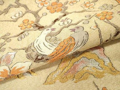 平和屋着物▼六通柄袋帯　枝花に休み鳥　金銀糸　正絹　逸品　DABH7085fe