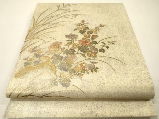 平和屋着物▼西陣　しらえ織物謹製　太鼓柄袋帯　螺鈿　草花　金銀彩　証紙付き　正絹　逸品　DABH7089fe