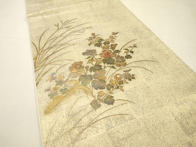 平和屋着物▼西陣　しらえ織物謹製　太鼓柄袋帯　螺鈿　草花　金銀彩　証紙付き　正絹　逸品　DABH7089fe