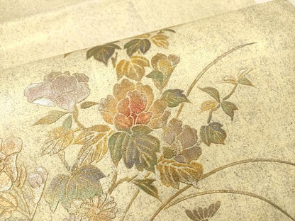 平和屋着物▼西陣　しらえ織物謹製　太鼓柄袋帯　螺鈿　草花　金銀彩　証紙付き　正絹　逸品　DABH7089fe