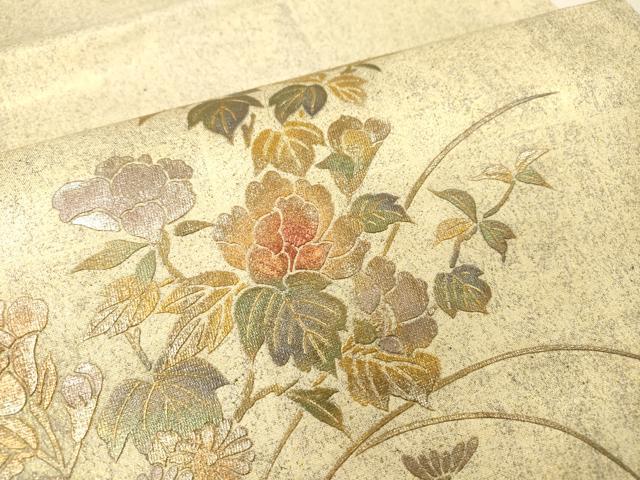 平和屋着物▼西陣　しらえ織物謹製　太鼓柄袋帯　螺鈿　草花　金銀彩　証紙付き　正絹　逸品　DABH7089fe