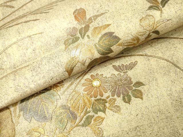 平和屋着物▼西陣　しらえ織物謹製　太鼓柄袋帯　螺鈿　草花　金銀彩　証紙付き　正絹　逸品　DABH7089fe