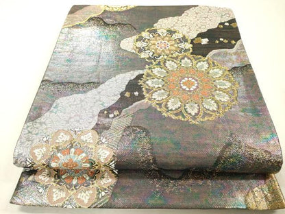平和屋着物▼六通柄袋帯　道長正倉院花文　金銀糸　引箔　正絹　逸品　DABH7094fe