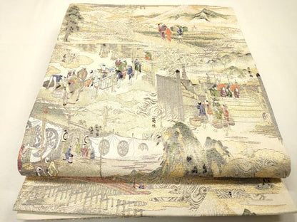 平和屋着物▼六通柄袋帯　壱千八百口織　東海道五拾三次　金糸　正絹　逸品　DABH7108fe
