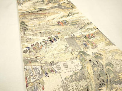 平和屋着物▼六通柄袋帯　壱千八百口織　東海道五拾三次　金糸　正絹　逸品　DABH7108fe