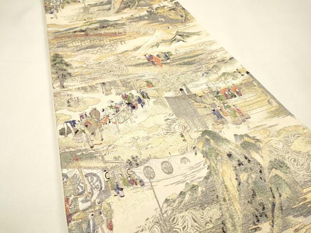 平和屋着物▼六通柄袋帯　壱千八百口織　東海道五拾三次　金糸　正絹　逸品　DABH7108fe