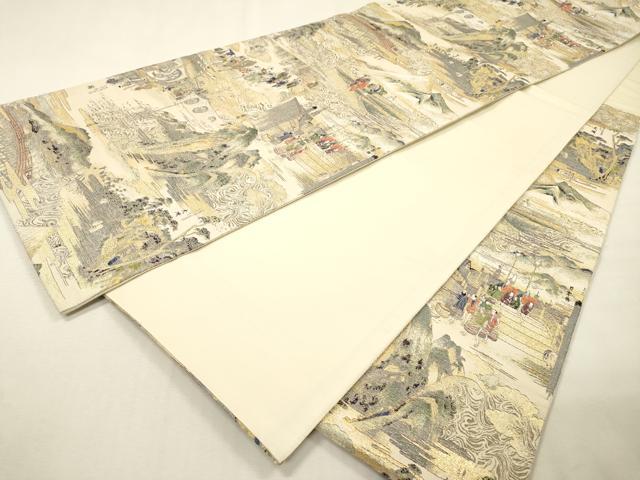 平和屋着物▼六通柄袋帯　壱千八百口織　東海道五拾三次　金糸　正絹　逸品　DABH7108fe