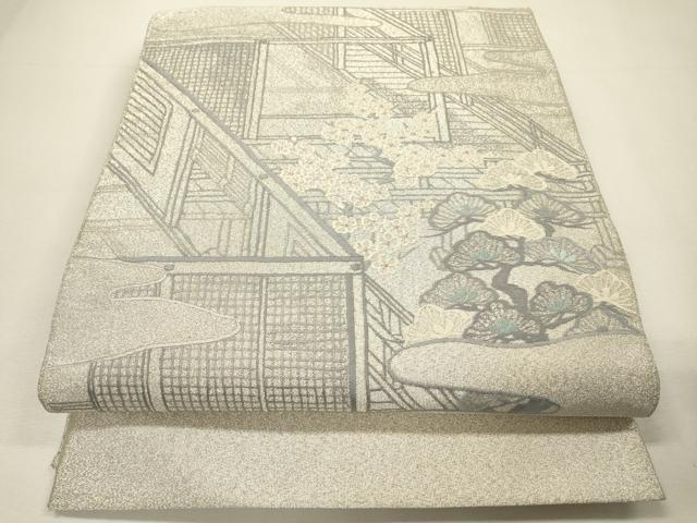 平和屋着物▼綴れ　太鼓柄袋帯　総刺繍　風景花松文　銀糸　正絹　逸品　DABH7111fe