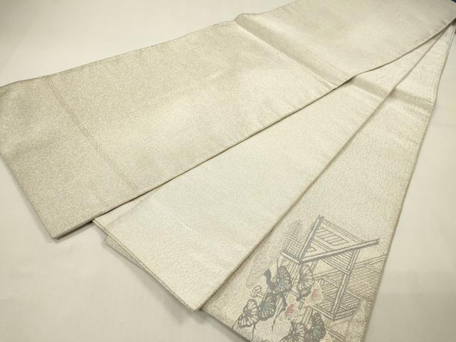 平和屋着物▼綴れ　太鼓柄袋帯　総刺繍　風景花松文　銀糸　正絹　逸品　DABH7111fe