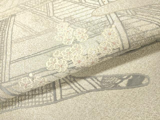 平和屋着物▼綴れ　太鼓柄袋帯　総刺繍　風景花松文　銀糸　正絹　逸品　DABH7111fe