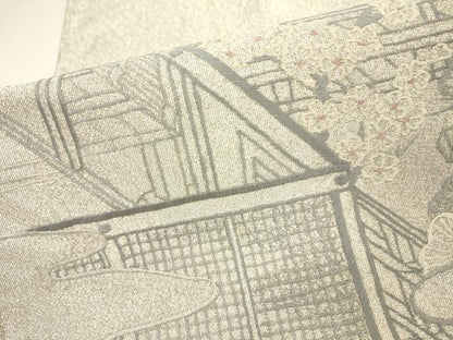 平和屋着物▼綴れ　太鼓柄袋帯　総刺繍　風景花松文　銀糸　正絹　逸品　DABH7111fe