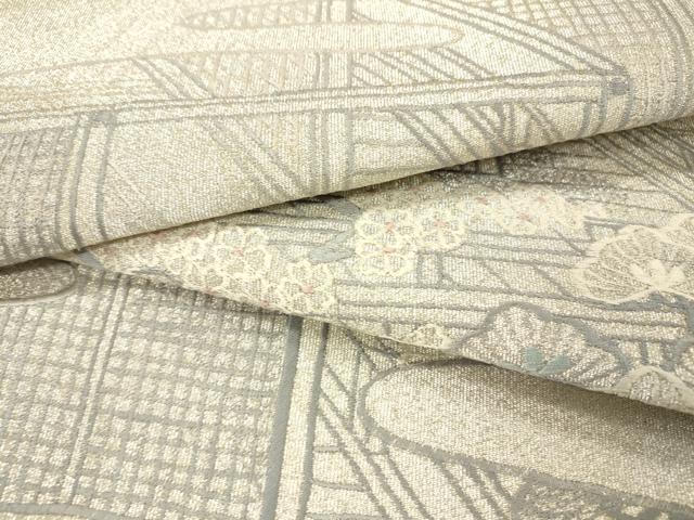 平和屋着物▼綴れ　太鼓柄袋帯　総刺繍　風景花松文　銀糸　正絹　逸品　DABH7111fe