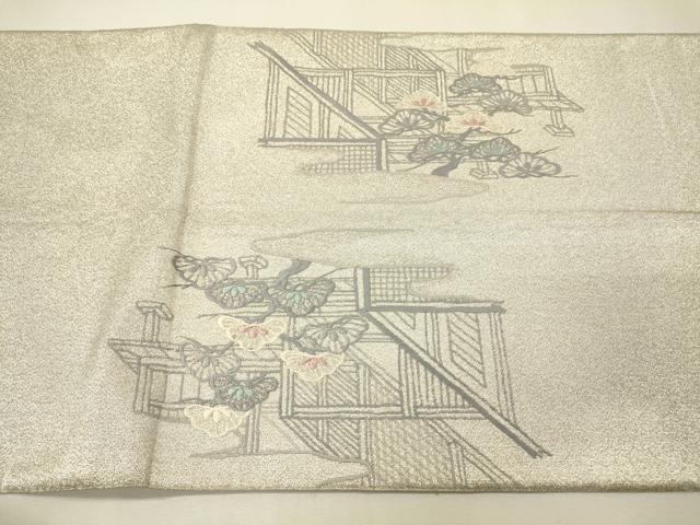 平和屋着物▼綴れ　太鼓柄袋帯　総刺繍　風景花松文　銀糸　正絹　逸品　DABH7111fe