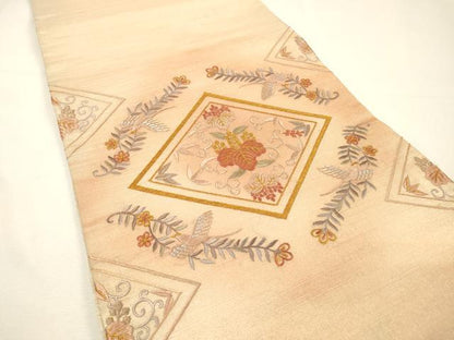 平和屋着物▼太鼓柄袋帯　総刺繍　花喰い鳥　桐花唐草菱文　金糸　正絹　逸品　DABH7122fe