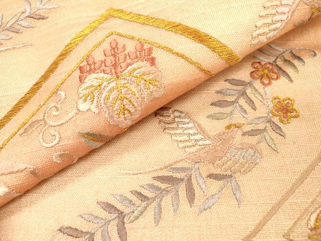 平和屋着物▼太鼓柄袋帯　総刺繍　花喰い鳥　桐花唐草菱文　金糸　正絹　逸品　DABH7122fe
