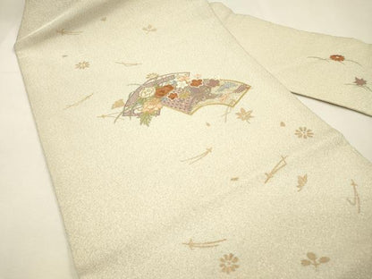 平和屋着物▼中国三大刺繍　スワトウ刺繍　汕頭刺繍　相良刺繍　綴れ　九寸名古屋帯　地紙御所車花文　金銀糸　正絹　逸品　DABH7126fe