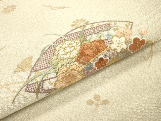 平和屋着物▼中国三大刺繍　スワトウ刺繍　汕頭刺繍　相良刺繍　綴れ　九寸名古屋帯　地紙御所車花文　金銀糸　正絹　逸品　DABH7126fe