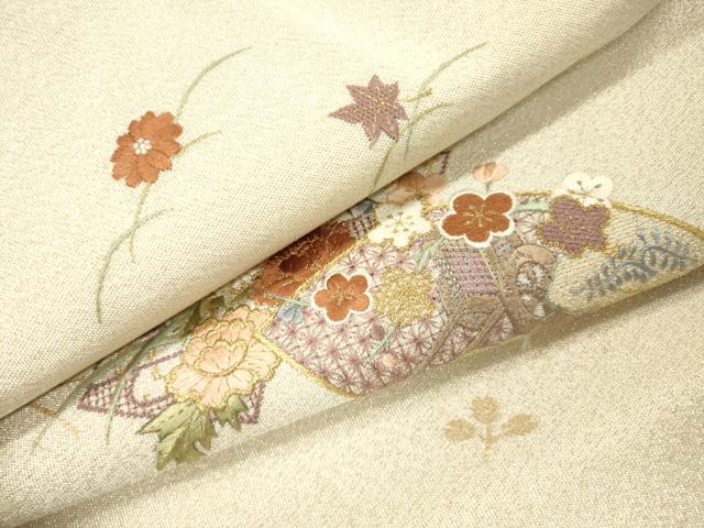 平和屋着物▼中国三大刺繍　スワトウ刺繍　汕頭刺繍　相良刺繍　綴れ　九寸名古屋帯　地紙御所車花文　金銀糸　正絹　逸品　DABH7126fe