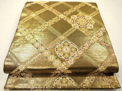 平和屋着物▼六通柄袋帯　正倉院天井花文　金糸　正絹　逸品　DABH7127fe