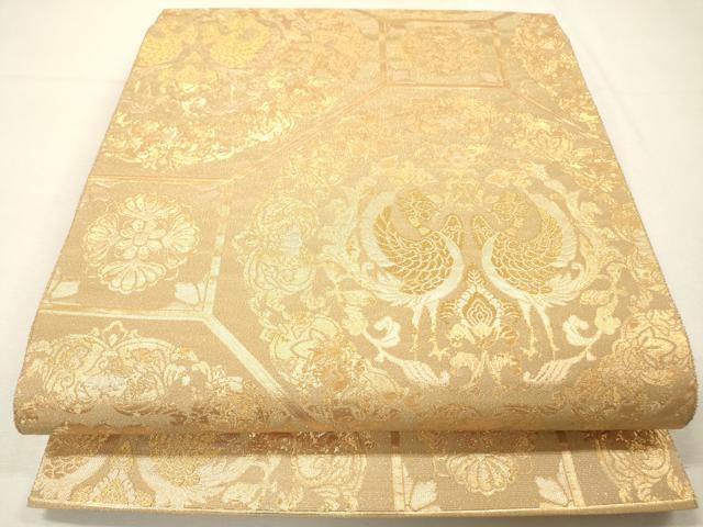 平和屋着物▼六通柄袋帯　明日香つづれ　蜀江向かい鳥花文　金糸　正絹　逸品　DABH7129fe