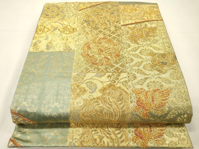 平和屋着物▼六通柄袋帯　切嵌正倉院鳳凰花唐草文　金糸　正絹　逸品　DABH7133fe