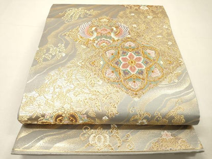 平和屋着物▼六通柄袋帯　唐織　正倉院向かい鳥花文　金糸　正絹　逸品　DABH7135fe