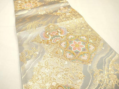 平和屋着物▼六通柄袋帯　唐織　正倉院向かい鳥花文　金糸　正絹　逸品　DABH7135fe