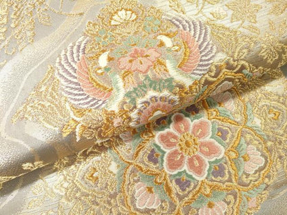 平和屋着物▼六通柄袋帯　唐織　正倉院向かい鳥花文　金糸　正絹　逸品　DABH7135fe