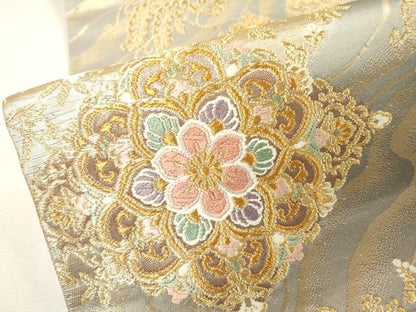 平和屋着物▼六通柄袋帯　唐織　正倉院向かい鳥花文　金糸　正絹　逸品　DABH7135fe